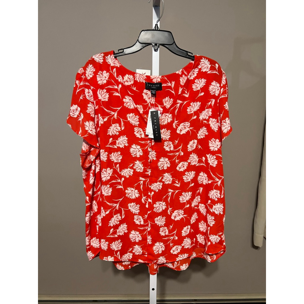 Women's Premise Red & White Floral Blouse 2X